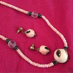 Handmade necklace earrings bundle matching set pink wood plastic 46 inch vintage